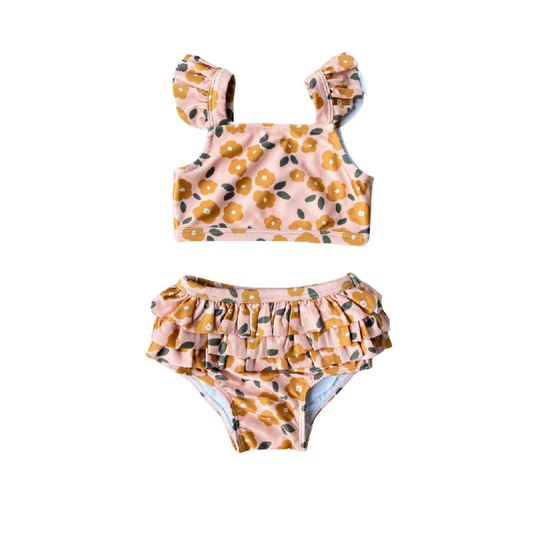 Gold Floral Two-Piece Ruffle Swim Suit