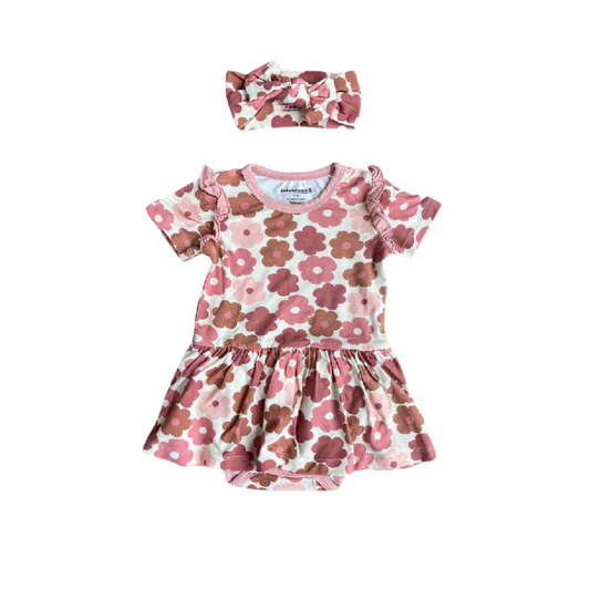 Retro Bloom Ruffle Bodysuit Dress + Headband Set