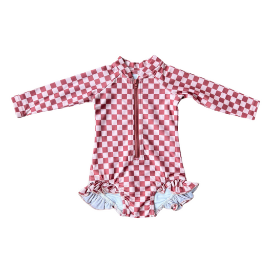 Strawberry Check One-Piece Ruffle Rashguard Swim Suit